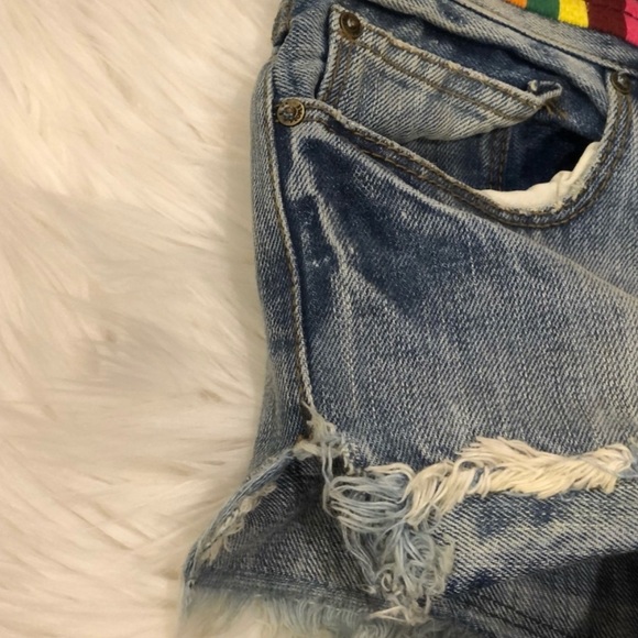 Free People distressed denim shorts with colorful stitch detailing - Picture 5 of 9